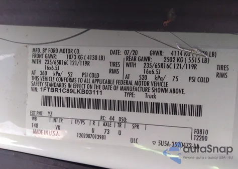 2020 Ford Transit-250 z USA, uszkodzony, nr VIN 1FTBR1C89LKB03111